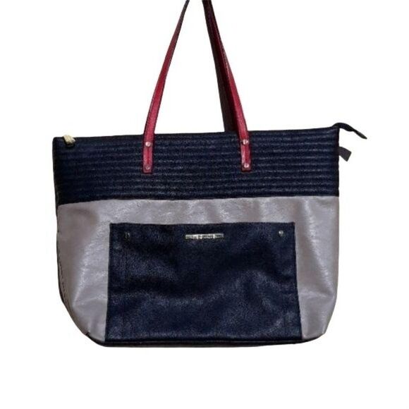 Steve Madden Tote Large Black Quilted Tan Red Strap Shoulder Bag Zip Closure - Picture 1 of 8